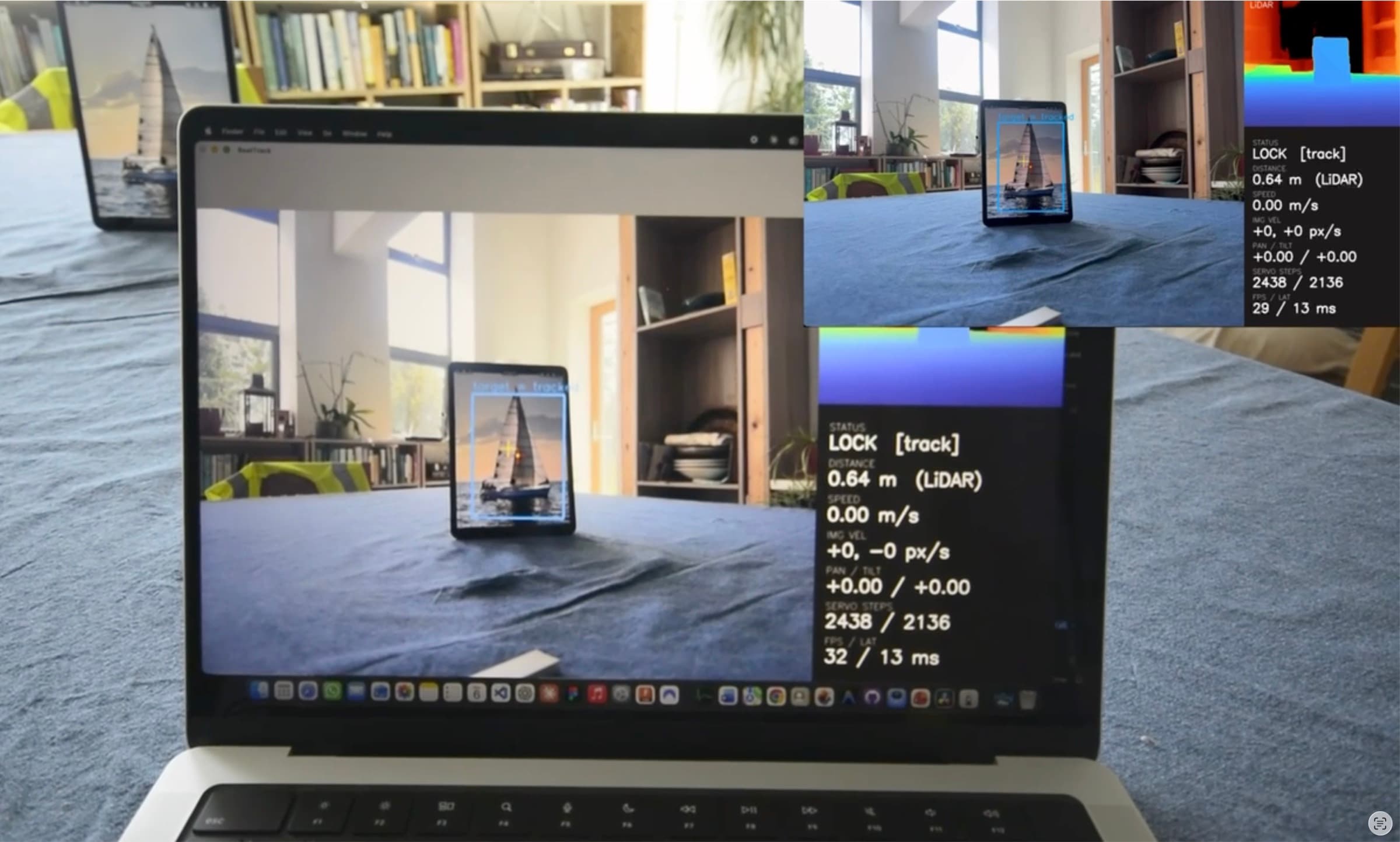 The BoatTrack dashboard on a laptop, showing a boxed sailboat on an iPad with a LiDAR depth view and readouts for status, distance, speed, servo steps and FPS